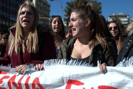 GREECE, Thessaloniki: Hundreds of students rally in Thessaloniki, Greece's second-largest city, on November 2, 2015. They carry signs as they march to the Ministry of Macedonia and Thrace, protesting against the shortage of teaching staff in their schools and demanding more funding for education amid continued rallies against austerity.