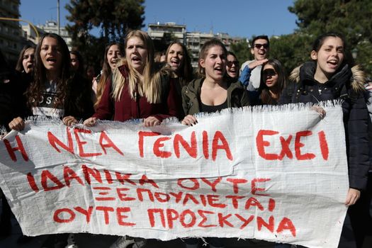 GREECE, Thessaloniki: Hundreds of students rally in Thessaloniki, Greece's second-largest city, on November 2, 2015. They carry signs as they march to the Ministry of Macedonia and Thrace, protesting against the shortage of teaching staff in their schools and demanding more funding for education amid continued rallies against austerity.