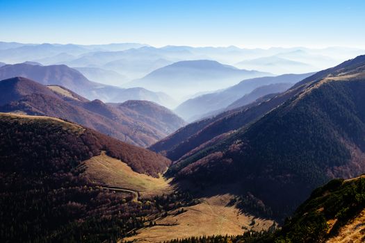 Scenic view of misty autumn hills and mountains in Mala Fatra, Slovakia