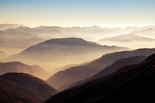Scenic view of misty autumn hills and mountains in Mala Fatra, Slovakia
