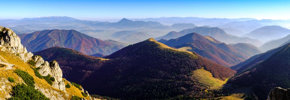 Panoramic landscape view of beautiful autumn mountains in Mala Fatra, Slovakia