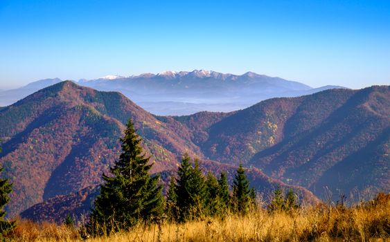 Landscape view of autumn forests and High Tatras mountains, Slovakia