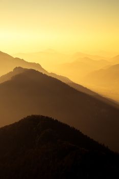 Scenic view of mountains and hills silhouette at sunset, Mala Fatra, Slovakia