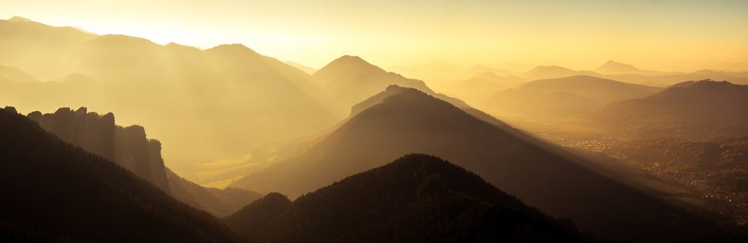Panoramic scenic view of mountains and hills silhouette at sunset, Mala Fatra, Slovakia