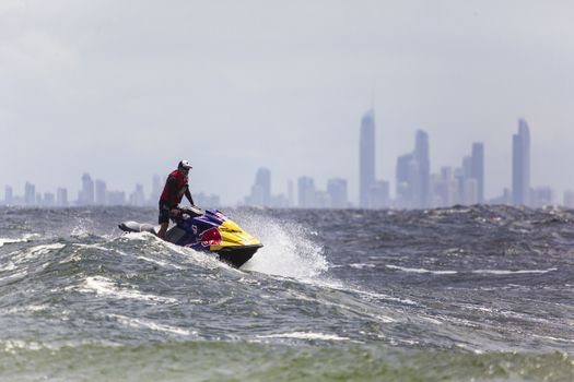 SNAPPER ROCKS, GOLD COAST, AUSTRALIA - 9 MARCH: Unidentified support team rides a sea doo to help in the Quicksilver & Roxy Pro World Title Event. 9 March 2013, Snapper Rocks, Gold Coast, Australia