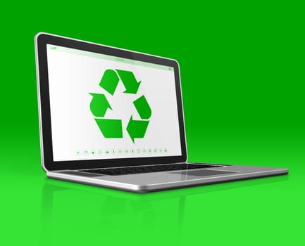 3D Laptop with a recycling symbol on screen. environmental conservation concept