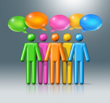 three dimensional group of stick figures people with speech bubbles, communication symbol, colorful