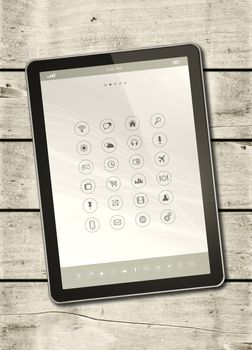 Digital tablet PC with desktop icons on a white wood table - vertical office mockup