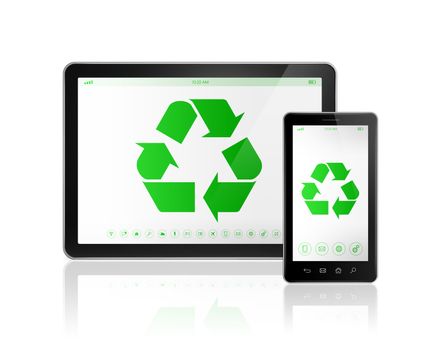 3D Digital tablet PC with a recycle symbol on screen. environmental conservation concept