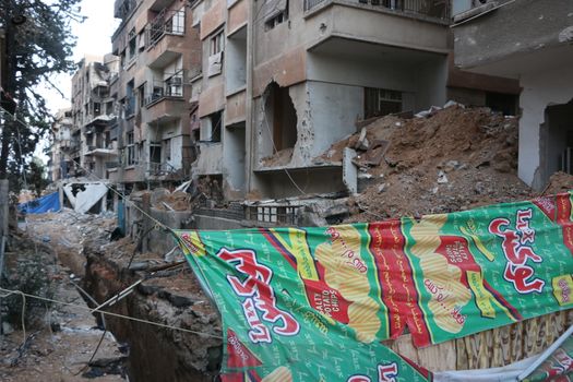 SYRIA, Harasta : Clashes between several rebel factions, Syrian army and its allies intensify in Harasta, in the northern suburb of the Syrian capital Damascus, on November 2, 2015. Violence in Damascus suburbs where rebels have been entrenched for years has claimed the lives of thousands of civilians.