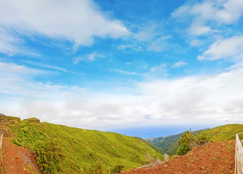 In the mountainous west of Madeira, Portugal - panorama view towards the Atlantic Ocean, villages Jardim do Mar and Paul do Mar