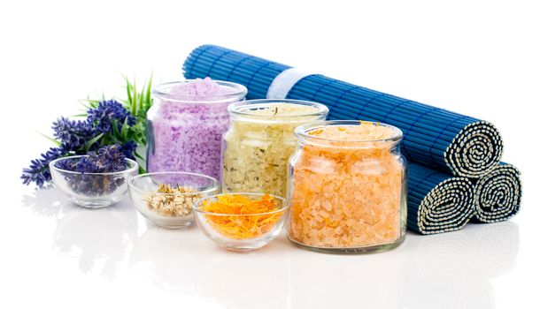 various kinds of bath salt with flowers, isolated on white background