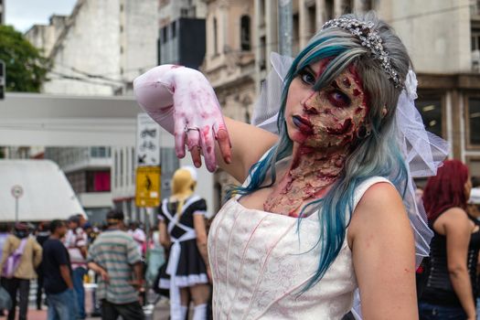 Sao Paulo, Brazil November 11 2015: An unidentified girl in traditional bride costumes in the annual event Zombie Walk in Sao Paulo Brazil.