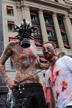 Sao Paulo, Brazil November 11 2015: Two unidentified men in costumes in the annual event Zombie Walk in Sao Paulo Brazil.