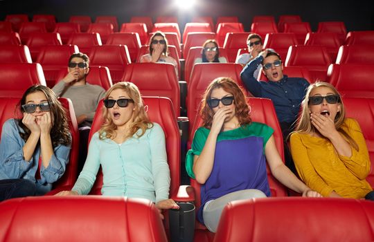 cinema, technology, entertainment and people concept - friends with 3d glasses watching horror or thriller movie in theater