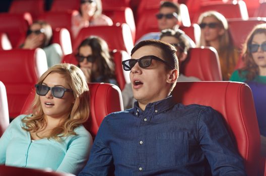 cinema, technology, entertainment and people concept - friends with 3d glasses watching horror or thriller movie in theater