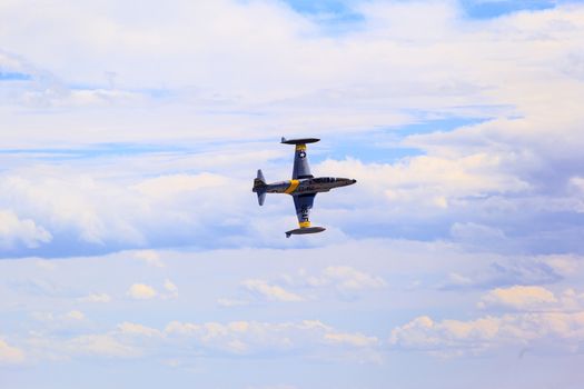 LETHBRIDGE CANADA - JUN 25, 2015: Royal Canadian Air Force CF-18 Hornet tactical fighter aircraft displaying flight agility at the Wing Over Lethbridge  Airshow