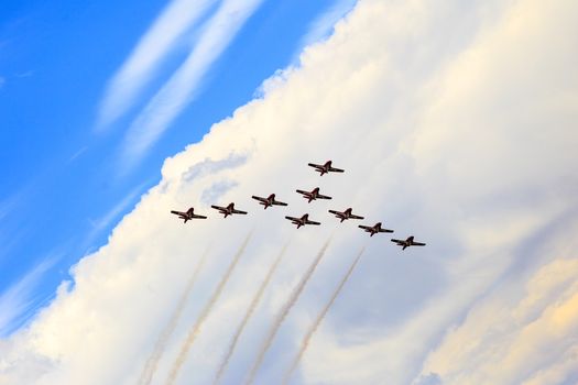 LETHBRIDGE CANADA - JUN 25, 2015: Royal Canadian Air Force CF-18 Hornet tactical fighter aircraft displaying flight agility at the Wing Over Lethbridge  Airshow