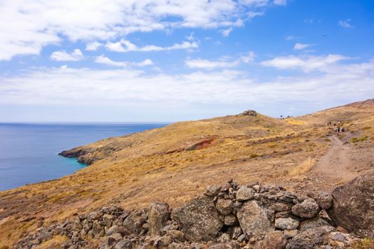 On the hike trail named Cais do Sardinha, a famous trail for hikers on island of Madeira.