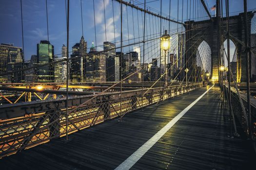Brooklyn Bridge by night, New York, USA.