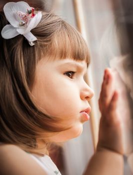 portrait of a little girl looking out the window