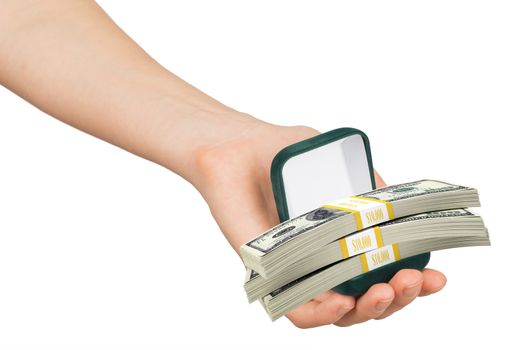 Empty green ring box with money in womans hand on isolated white background