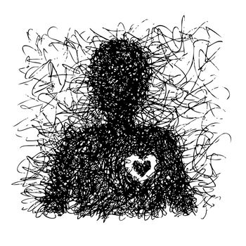 Freehand illustration of abstract single man with heart on white background, doodle hand drawn