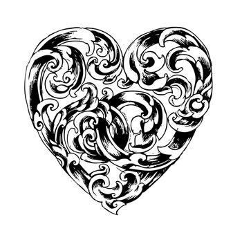 Freehand illustration of retro design heart shape on white background, doodle hand drawn