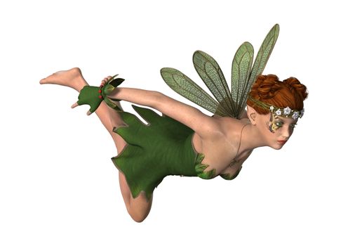 3D digital render of a green fantasy spring fairy isolated on white background