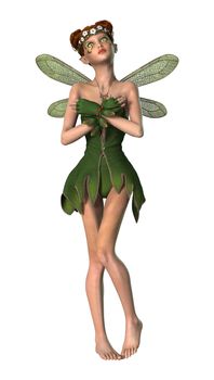 3D digital render of a green fantasy spring fairy isolated on white background