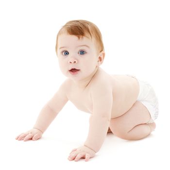 bright picture of crawling curious baby over white backgroubd