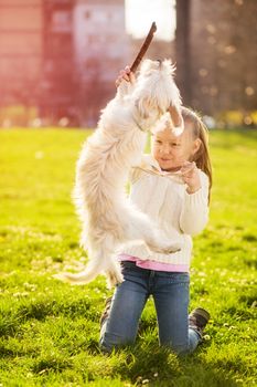 Little girl playing with her puppy dog in the park