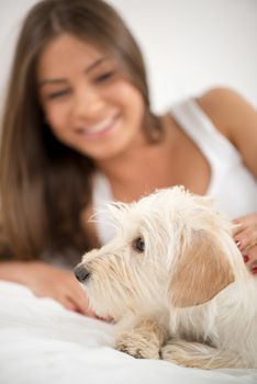 Young beautiful woman and her dog resting in bed