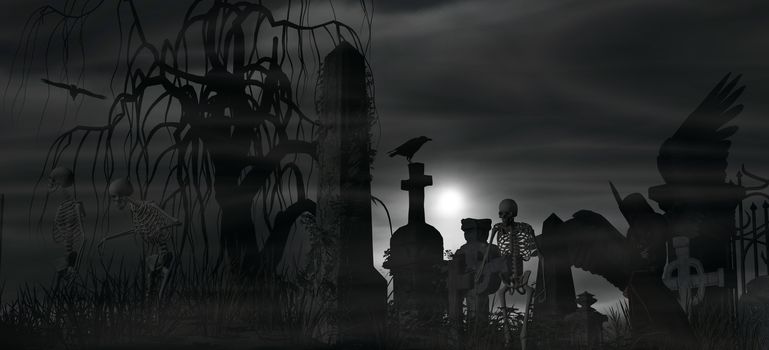 Illustration of a Dark Angel at a graveyard on a foggy night with full moon and three skeletons