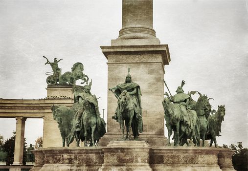 Heroes square in Budapest, a square dedicated to the hungarian kings. Photo in old color image style.