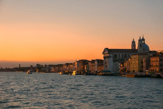 Venice panorama view at sunset from the sea.