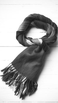 blue scarf over white wood table background black and white color