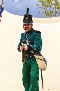 CALGARY CANADA JUN 13 2015:  The Military Museum organized "Summer Skirmish" event where an unidentified soldier is seen  in a historical Reenactment Battle.