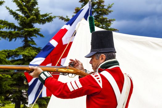 CALGARY CANADA JUN 13 2015:  The Military Museum organized "Summer Skirmish" event where an unidentified soldier is seen  in a historical Reenactment Battle.