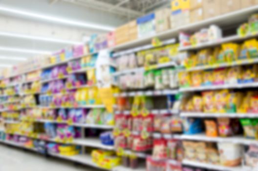 blurred image of supermarket people shopping - product shelf