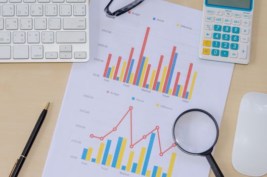 Documents, graphs on a desk.