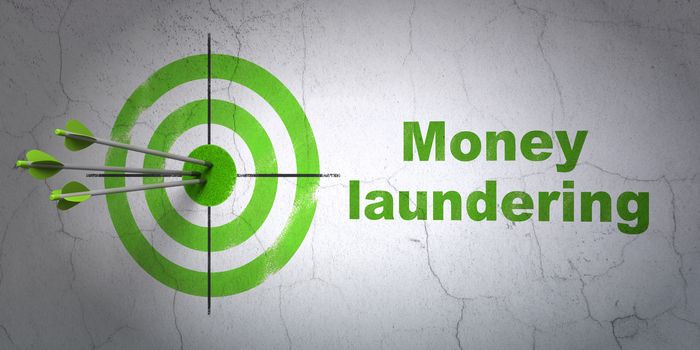 Success banking concept: arrows hitting the center of target, Green Money Laundering on wall background