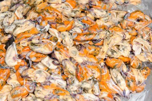 Many Asian green mussels at the market