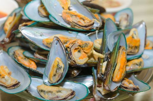 Close-up group steamed fresh mussels.