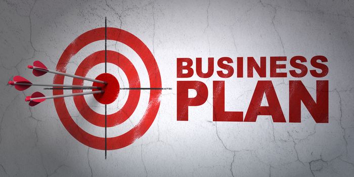 Success business concept: arrows hitting the center of target, Red Business Plan on wall background