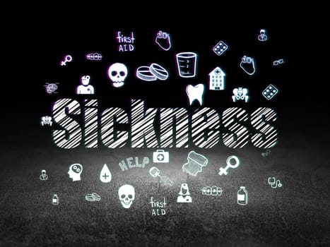 Healthcare concept: Glowing text Sickness,  Hand Drawn Medicine Icons in grunge dark room with Dirty Floor, black background