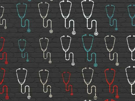 Medicine concept: Painted multicolor Stethoscope icons on Black Brick wall background