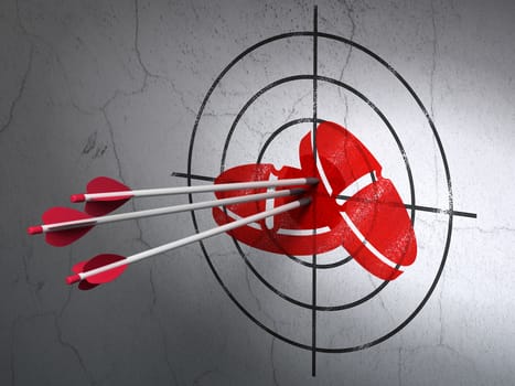 Success Health concept: arrows hitting the center of Red Pills target on wall background