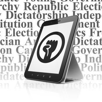 Political concept: Tablet Computer with  black Uprising icon on display,  Tag Cloud background