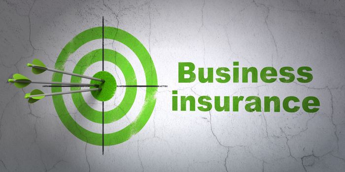 Success Insurance concept: arrows hitting the center of target, Green Business Insurance on wall background